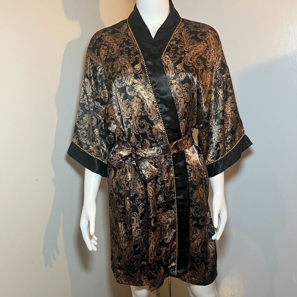 Vintage 80s 90s Kathryn Kimono Robe M - Black Gold Royal Regency Mob Wife Retro
